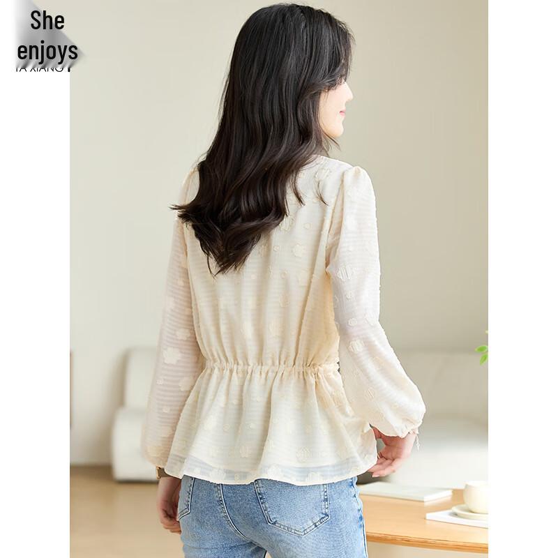 Women's French Style V-Neck Puff Sleeve Tie-Waist Blouse