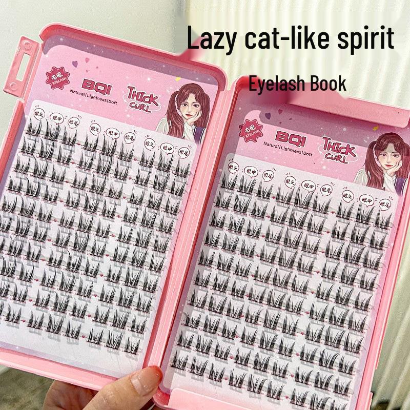 

BQI Lazy Cat Eyelash Book: Natural Long Individual Cluster False Lashes with Thin Stems for a Full, Curled Look.