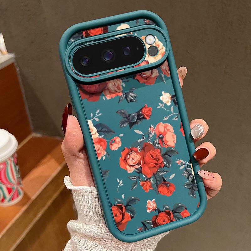 Rose Flower Pattern Plain Color Soft Silicone Phone Case for Google Pixel 9 8 Pro Xl 8a Shockproof Matte Lens Protection Anti-Fall Cover