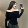 Slant Neck Off-the-shoulder T-shirt Women's Korean Version Slim-fitting and Thin Pleated Long-sleeved Top