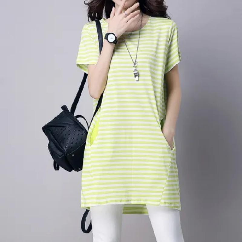 Хлопковое полосатое платье средней длины с короткими рукавами, летний корейский стиль, свободный топ-футболка, юбка L зелёный