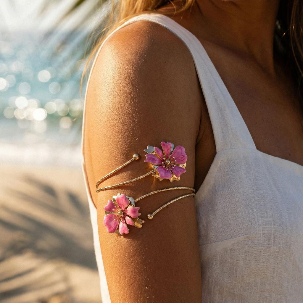 Gold Color Spiral Upper Arm Cuff Bracelet for Women Pink Enamel Flower Armlet Bracelet Fashion Summer Body Jewelry Gifts