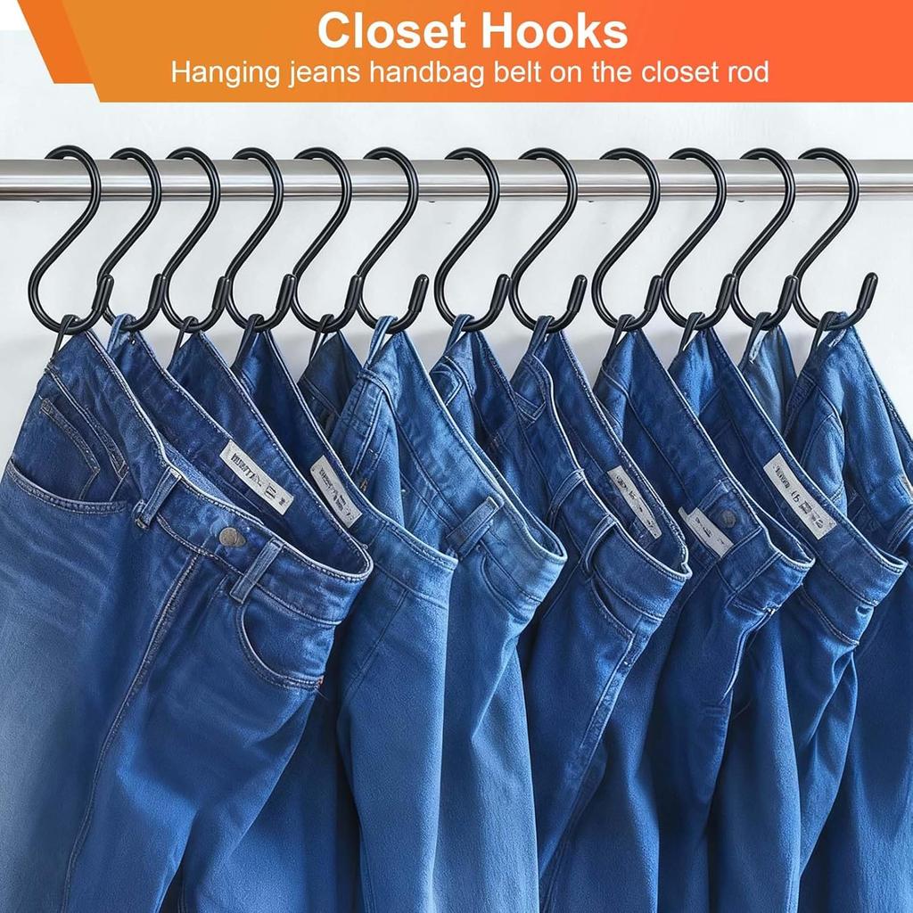 3 Inch Vinyl Coated S Hooks, 12 Pack S Hooks for Hanging Plants Heavy Duty, Small Non Slip Black Rubber Coated Metal Closet Rod Hooks for Hanging