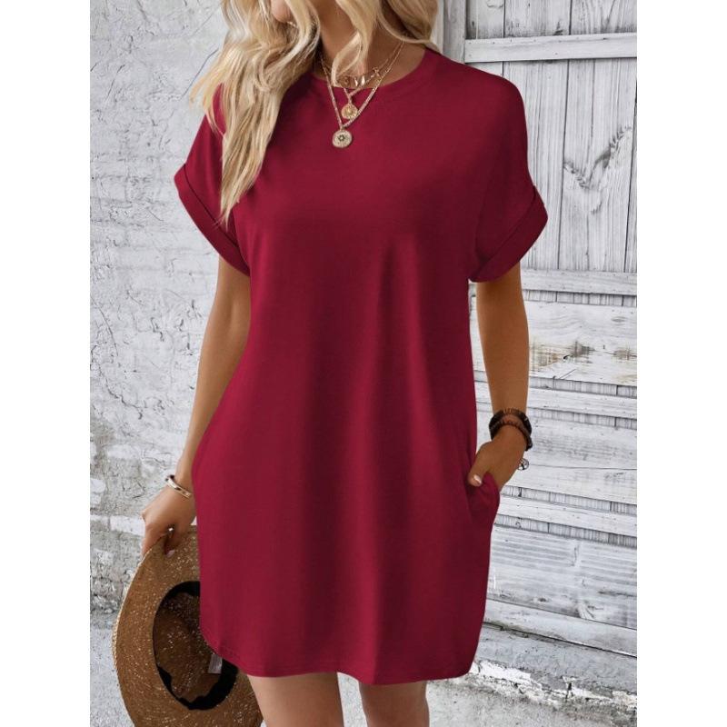 Women's Spring and Summer New Solid Color Round Neck Loose Short-sleeved Pocket Dress