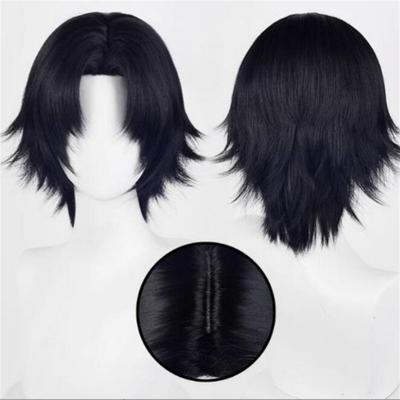 Chrollo Lucilfer Cosplay Wig Anime Middle Part Short Black Heat Resistant Synthetic Hair Halloween Party Wigs + Wig Cap