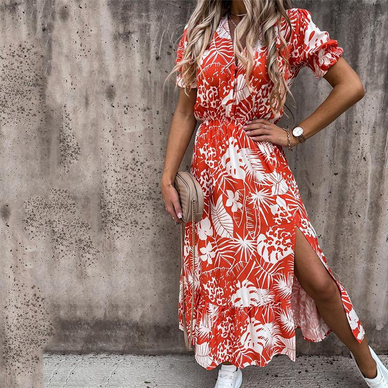 Women Summer Holiday Casual Floral Printed Short Sleeve V Neck Split Long Dress