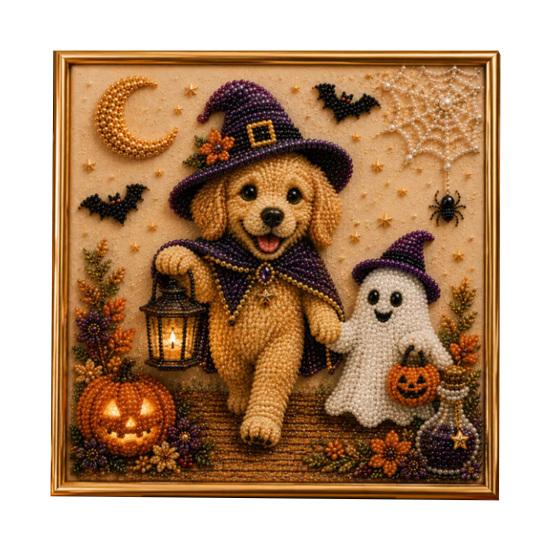 Seasonal Home Decor Projects Halloween Faux Pearl Painting Kit, Puppy Art DIY Witch Stress Relieving Hobbies Hat Bead Craft Kit for Adults And Teens,
