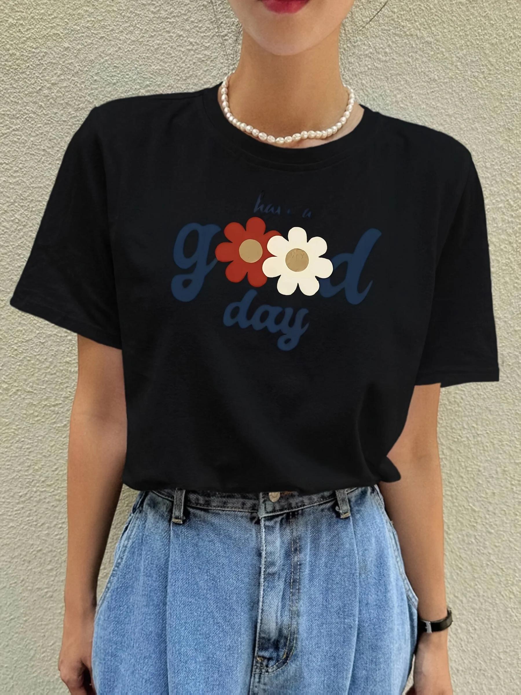 

Round Neck Simple Breathable Short Sleeve TShirt Floral Print Korean Style Womens Fashion Casual Fit Summer S