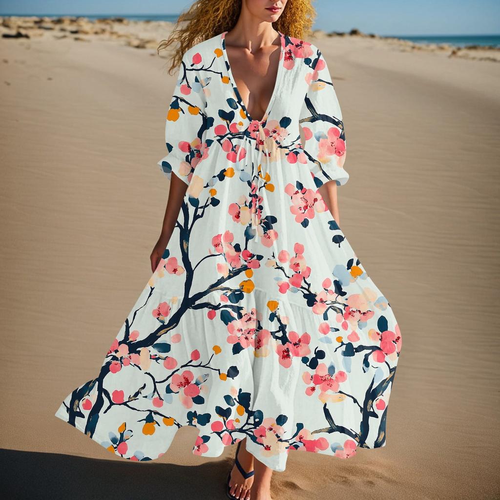 Women's Summer Fashion V-neck Retro Floral Print Short Sleeved Beach Dress With Lace Patchwork Dress