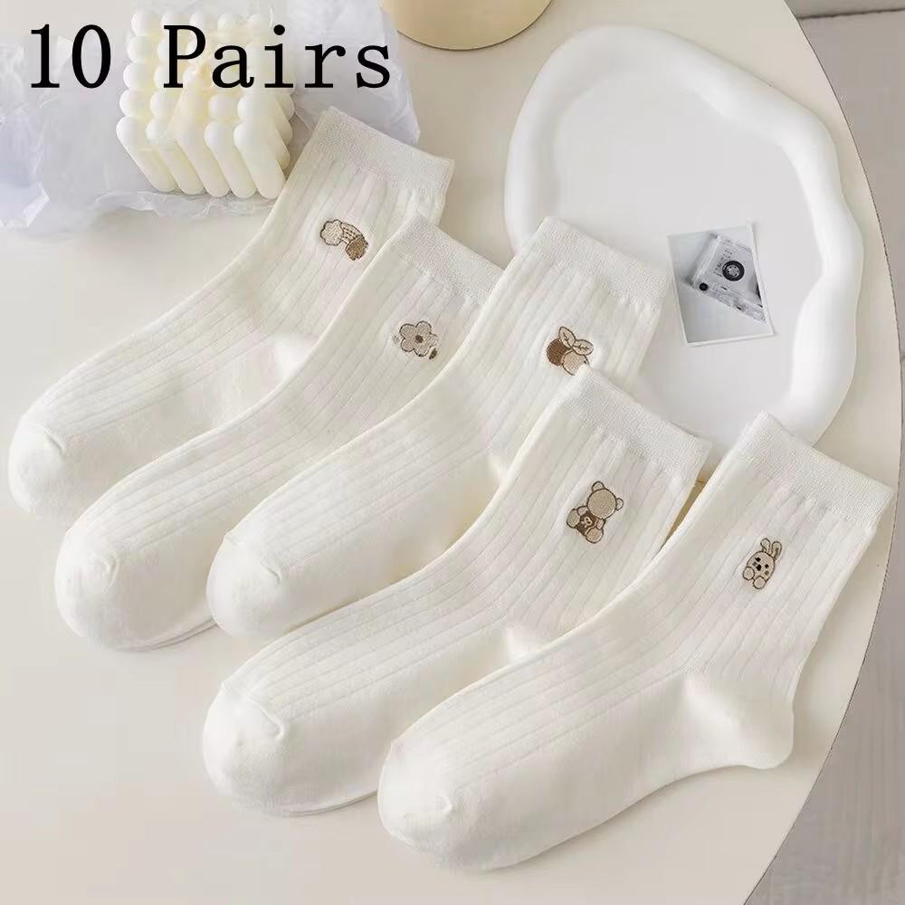5/10 Pairs Women Round Neck Socks High Quality Autumn Winter Cute Cartoon Breathable Fashion Socks Women Soft Medium Tube Aocks