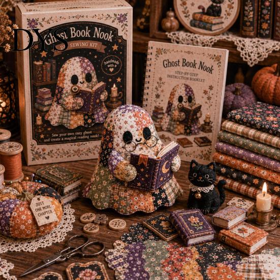 Decorative Ghost Sewing Pattern Halloween Patchwork Kit, Cute Doll DIY Set with Pre-Cut Cozy Fall Art Project Fabrics, Autumn Holiday Craft