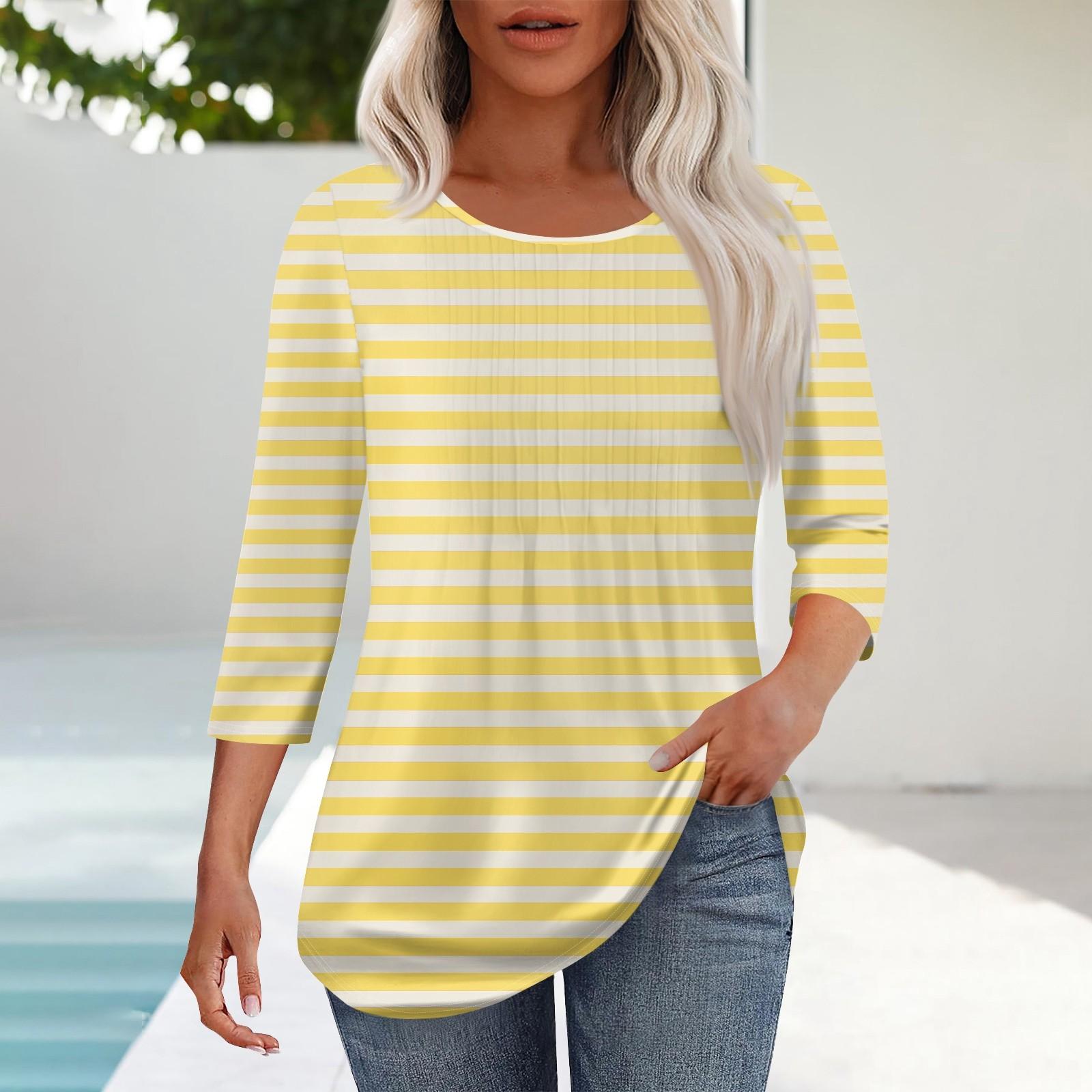 

Женская мода повседневный цветочный принт плиссированный круглый вырез повседневный рукав три четверти весна и лето топ XL жёлтый