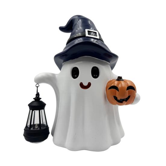 Ghost Statue Solar/Battery-Powered Weather Resistant Resin Whimsical Ghost Pumpkin Design Ornament Halloween Decor