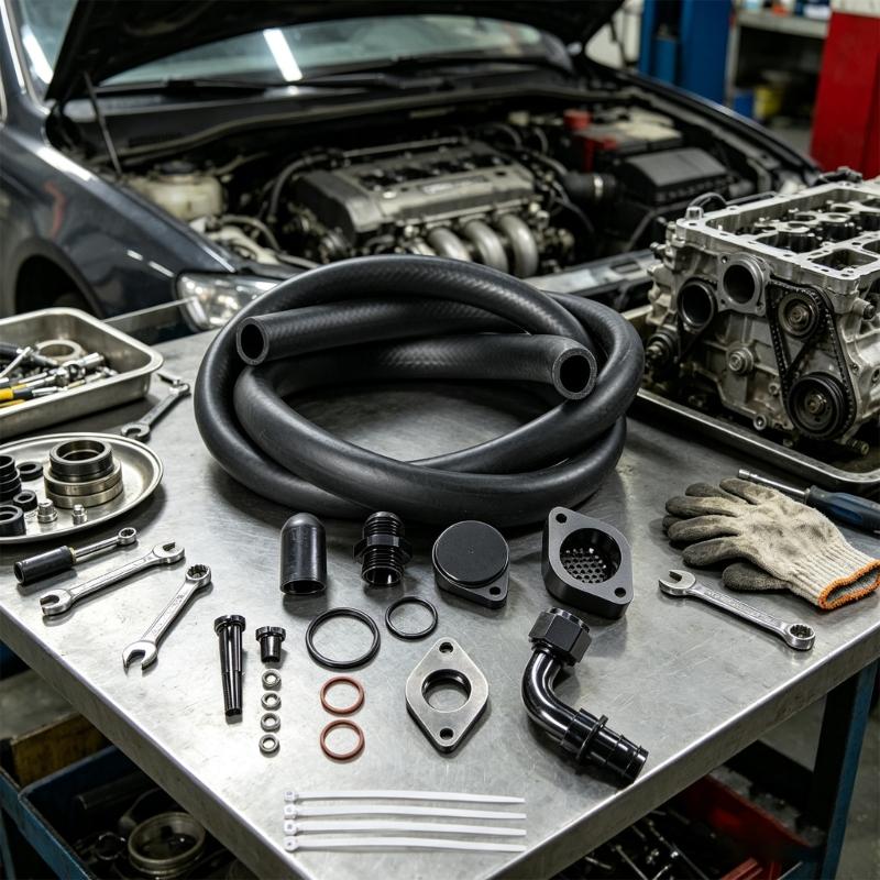 6.7L Maintenance Engine Ventilation Kit with Flexible Hose, Black Finished Metal Adapters, Sealing Hardware and Installation Parts