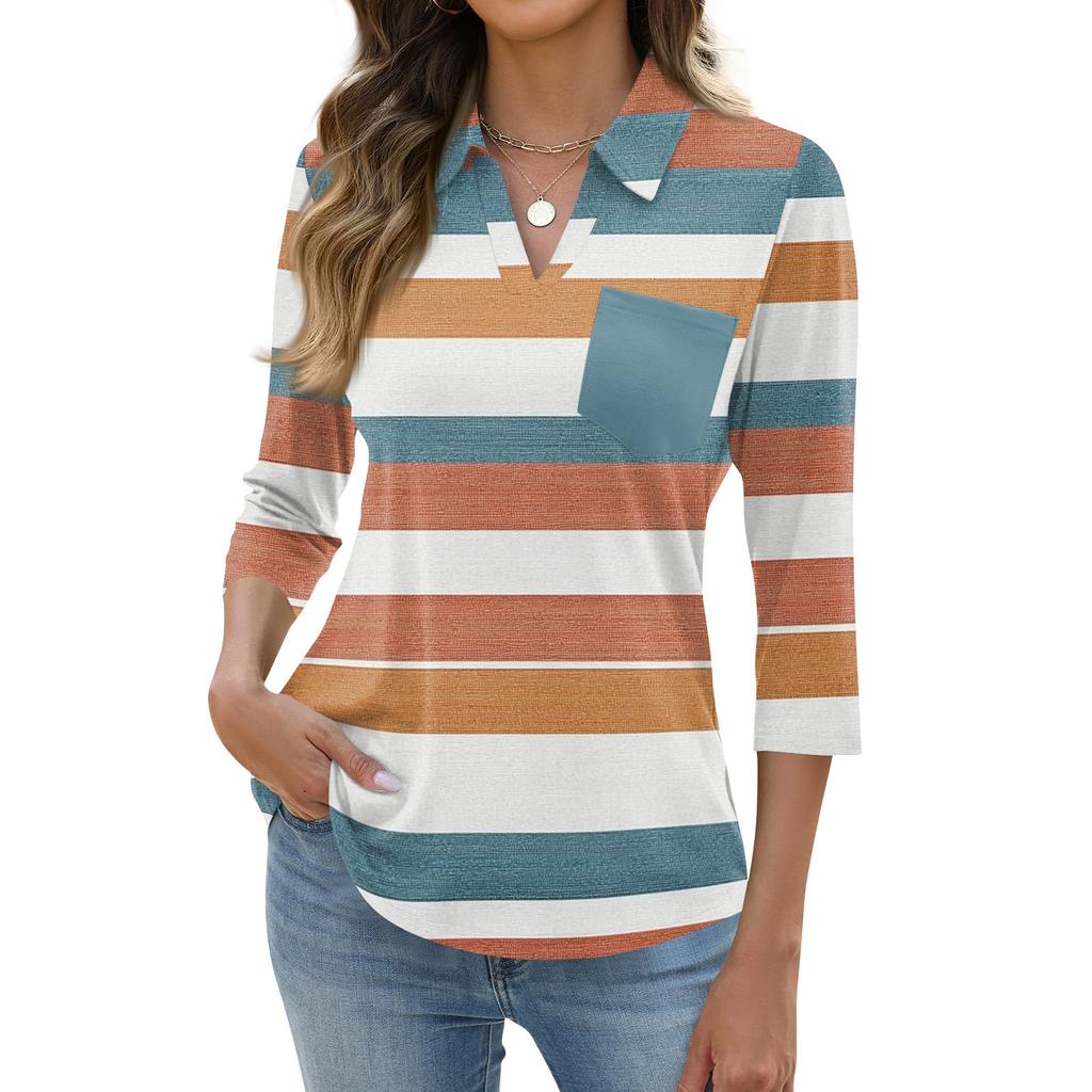 Damen Mode Lässig Revers Kurz 3/4 Ärmel Print Hemd Damen Oberteile