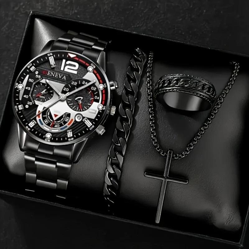 Watch Set, Watch, Men's Glass Quartz Watch, Steel Belt, One Men's Watch.