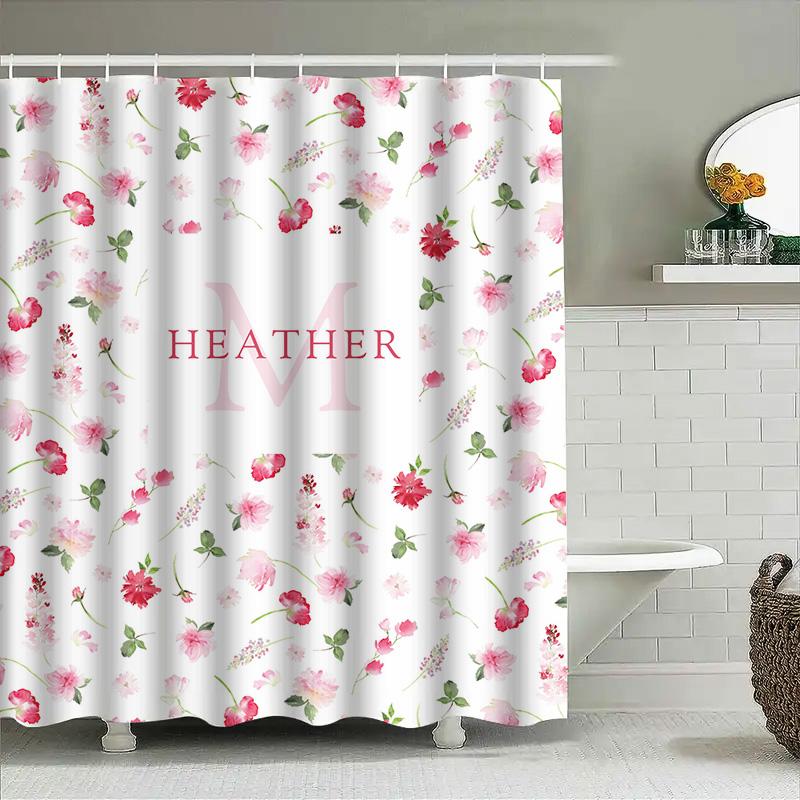Bath Shower Curtain Name Initials Printed With Delicate Floral Pattern In Pink White For Bathroom Decora