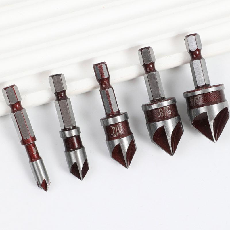 82° 5-Flute Countersink Drill Bit Set Woodworking Centering Chamfer Tool with Quick Guide Red Finish for Wood Hole Counterbore