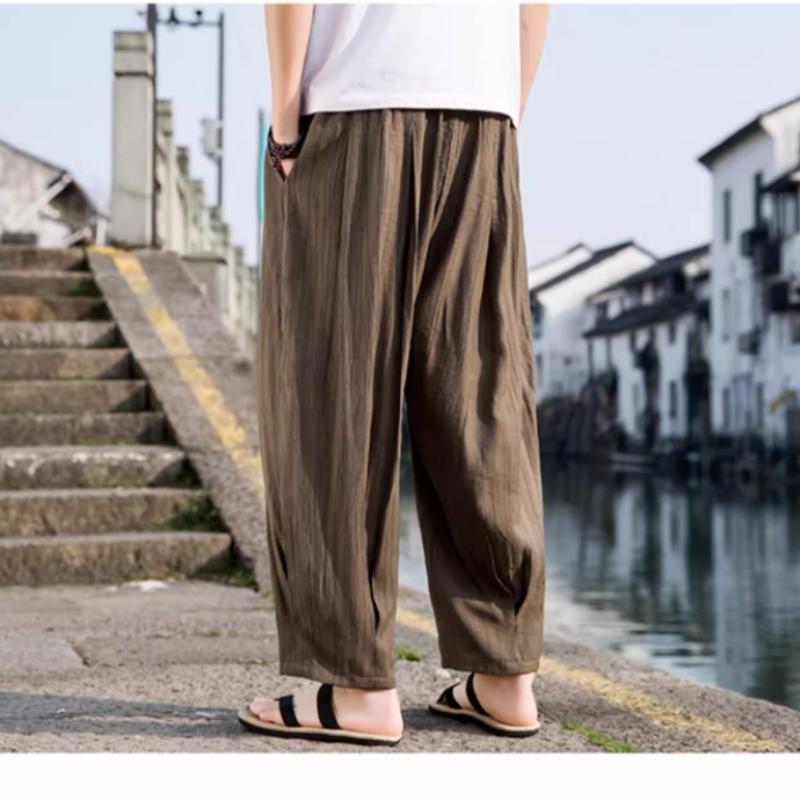Chinese Style Linen Trousers Summer New Solid Color Elastic Drawstring Patchwork Pockets Vintage Loose Casual Wide Leg Pant