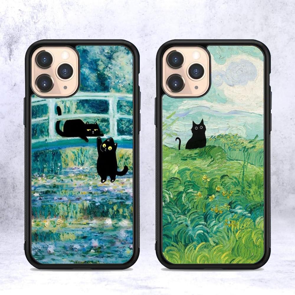 Cartoon Animal Black Cat Oil Painting Phone Case Silicone PC+TPU For For iPhone  11 12 13 14 15 16 Plus Pro Max Cover
