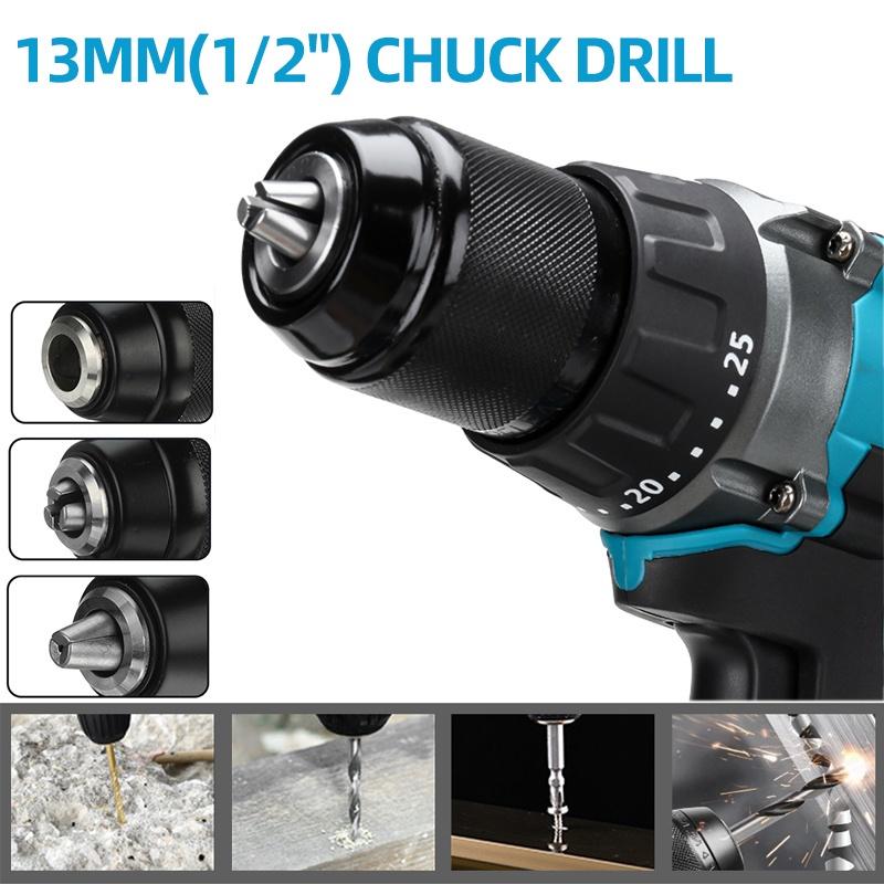 Blue Brushless Electric Impact Drill 25+3 Torque 65N.m 13mm Screwdriver Auxiliary Handle with Li-ion Battery for 18V Battery