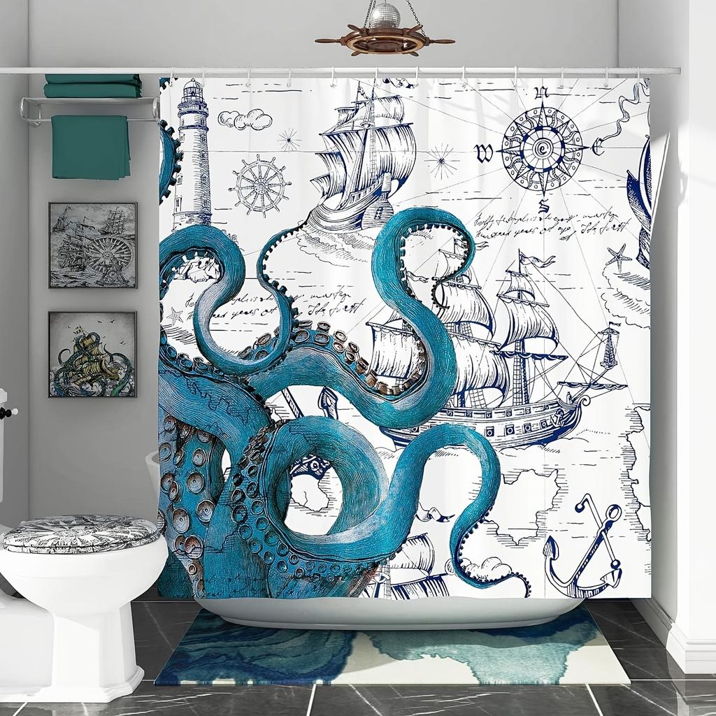 1 Nautischer Oktopus Badezimmer Duschvorhang - Lebendiges Blau Küstendesign Mit Segelboot Und Kompass, Polyestergewebe