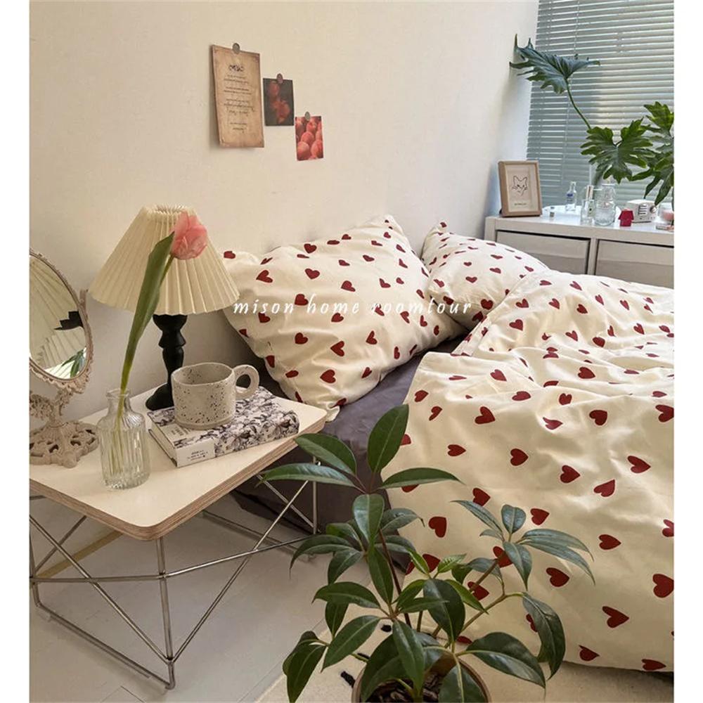 Korean Style Bedding Set Kid Adult Twin Full Queen Size Bed Flat Sheet Set Pillowcase Bed Linen Love Heart Duvet Cover