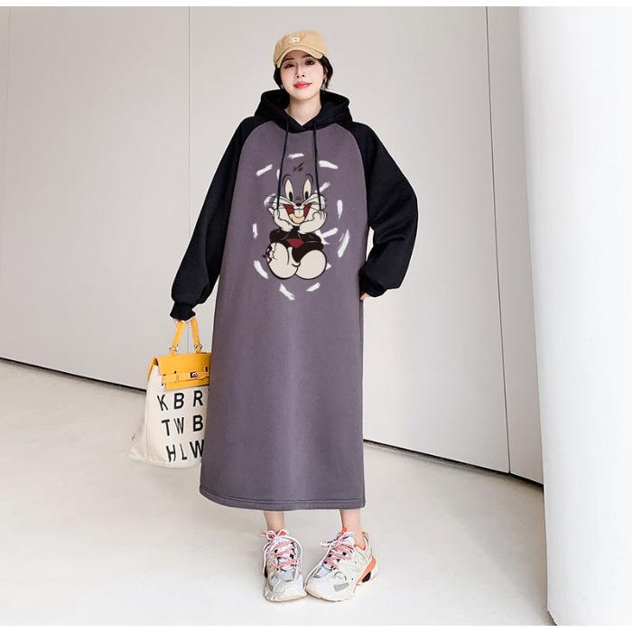 Autumn and winter thickened color matching hooded dress women's casual versatile loose and thin super long knee dress long dress