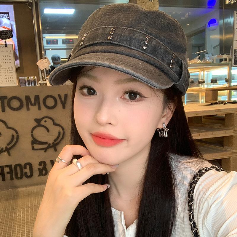 Koreanische Retro-Denim-Barettmütze mit flachem Oberteil für Damen für Frühling und Herbst Großer Kopfumfang Gesicht zeigend Kleine Schirmmütze Alte gewaschene Mütze Trendig