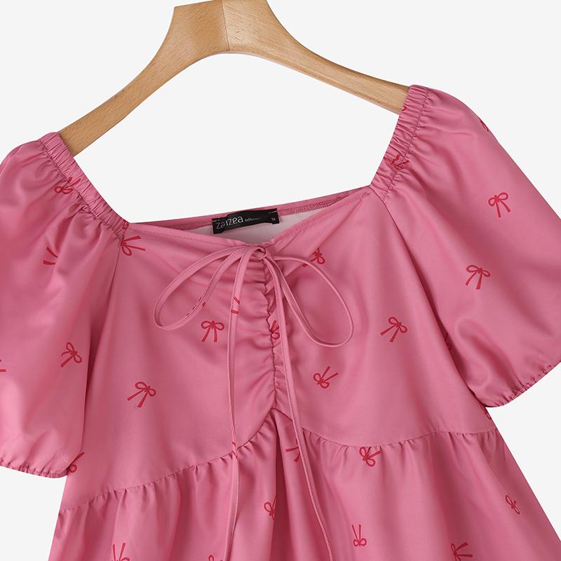 ZANZEA Womens V-Neck Summer Casual Short Sleeve Print Blouse