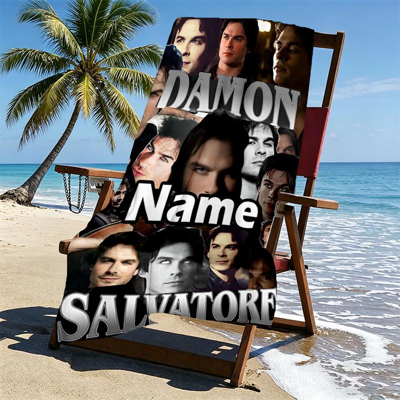 Custom Name Personalized Damon Salvatore Print Beach Towel, for Trip Camping Beach Party Home Decor, Birthday Gift for Family & Friends