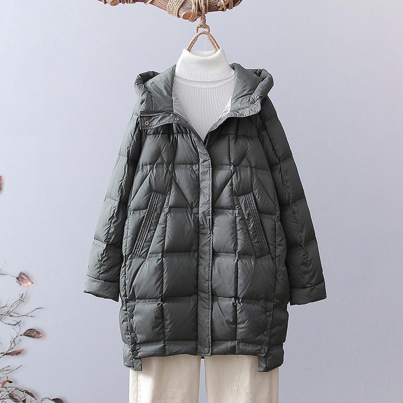 Fashion winter medium and long white duck down jacket women's fashion foreign style thick pressure glue hooded down warm jacket