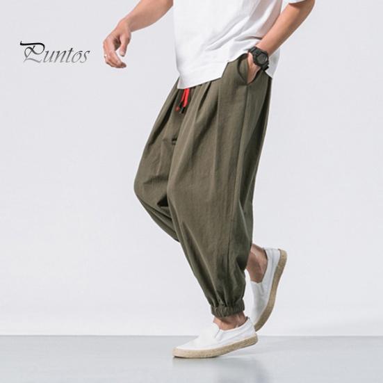 Spring Fall Men Bloomers Harem Pants Loose Drawstring Elastic Waist Pockets Deep Crotch Ankle-banded Solid Color Sport Trousers Daily Wear Sweatpants