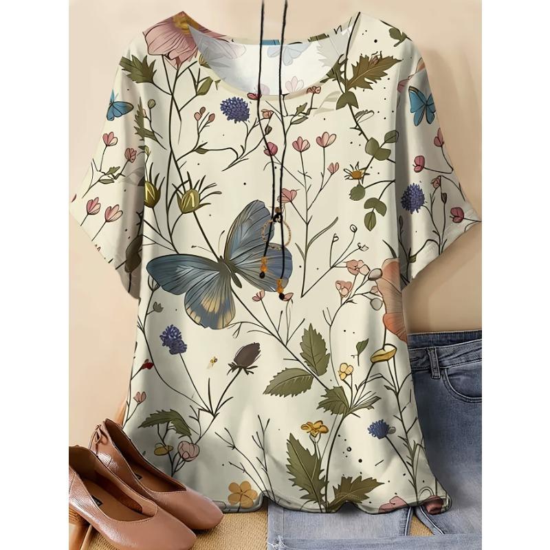 

Round neck printed butterfly short-sleeved T-shirt for women, loose and versatile summer new casual top, fashionable and breathable women s clothing S