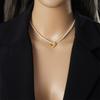 Gold Plated Heart Pendant Pearl Layered Necklace, Stainless Steel Double Chain Choker, Elegant Jewelry for Women Gift