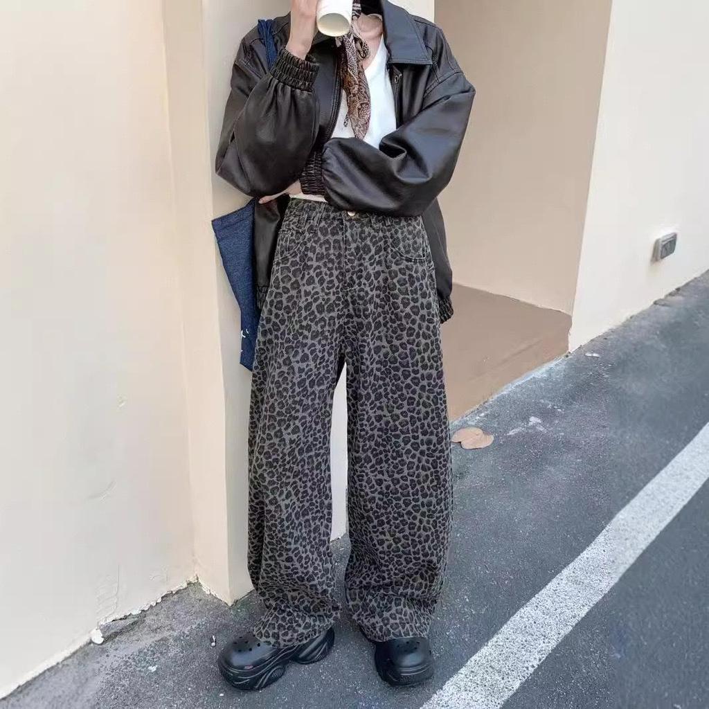 Dżinsy unisex w panterkę: Prane, Postarzane, Proste nogawki, Klimat High Street na wiosnę i jesień