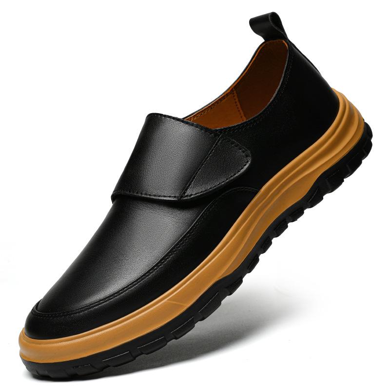 Men s Trendy Genuine Leather Velcro Casual Shoes, Soft Cowhide Sole, Thick Lazy Style, Large Sizes Available 42