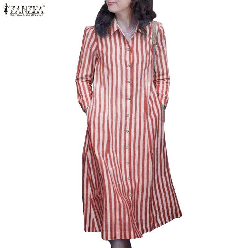 ZANZEA Damen Umlegekragen Lässig Langarm Streifen Hemdkleid