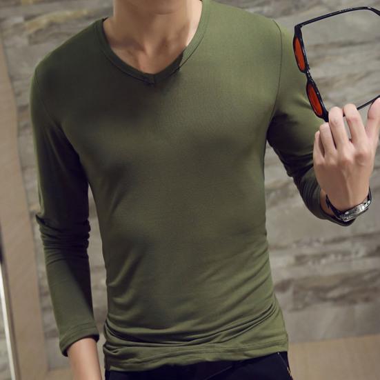 Men Shirt Solid Color Pullover Casual V Neck Long Sleeve Slim Autumn Base Shirt for Daily Wear