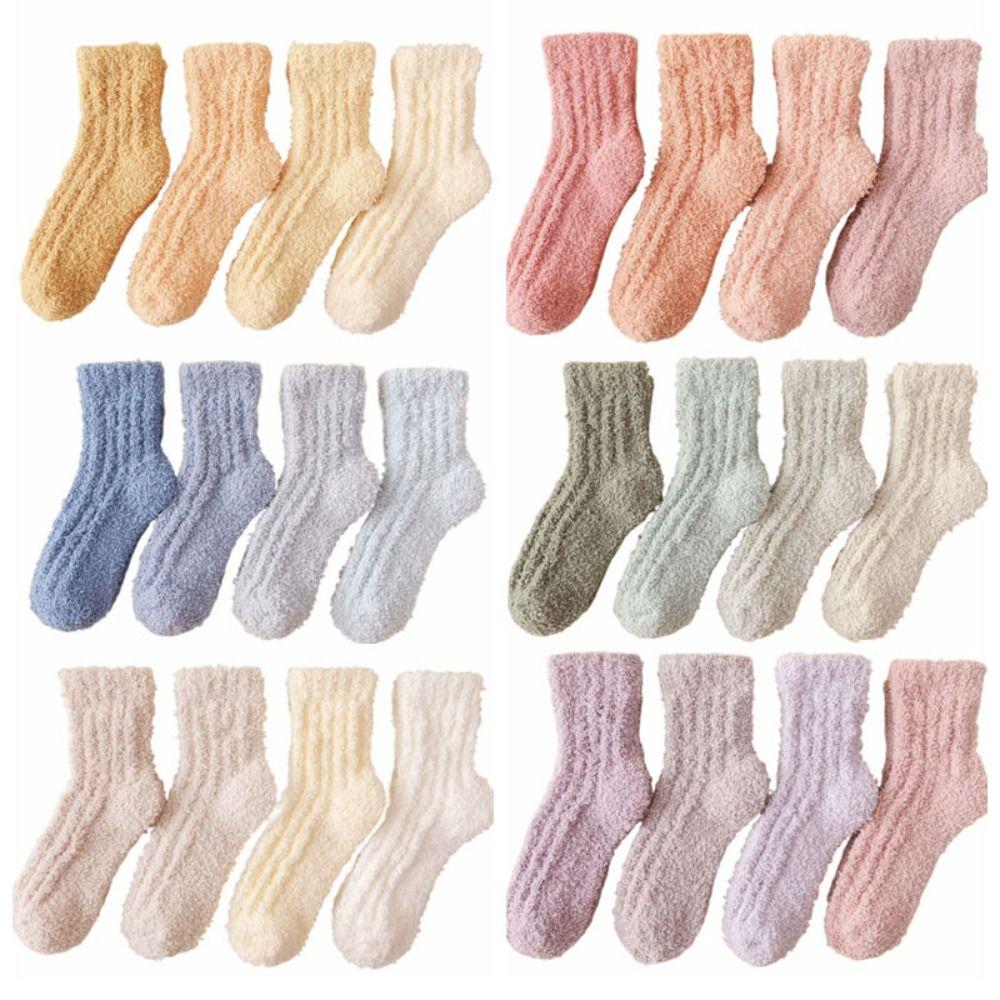 4Pairs Sleeping Floor Plush Socks Winter Mid Tube Socks Women Kawaii Coral Fleece Socks  Autumn