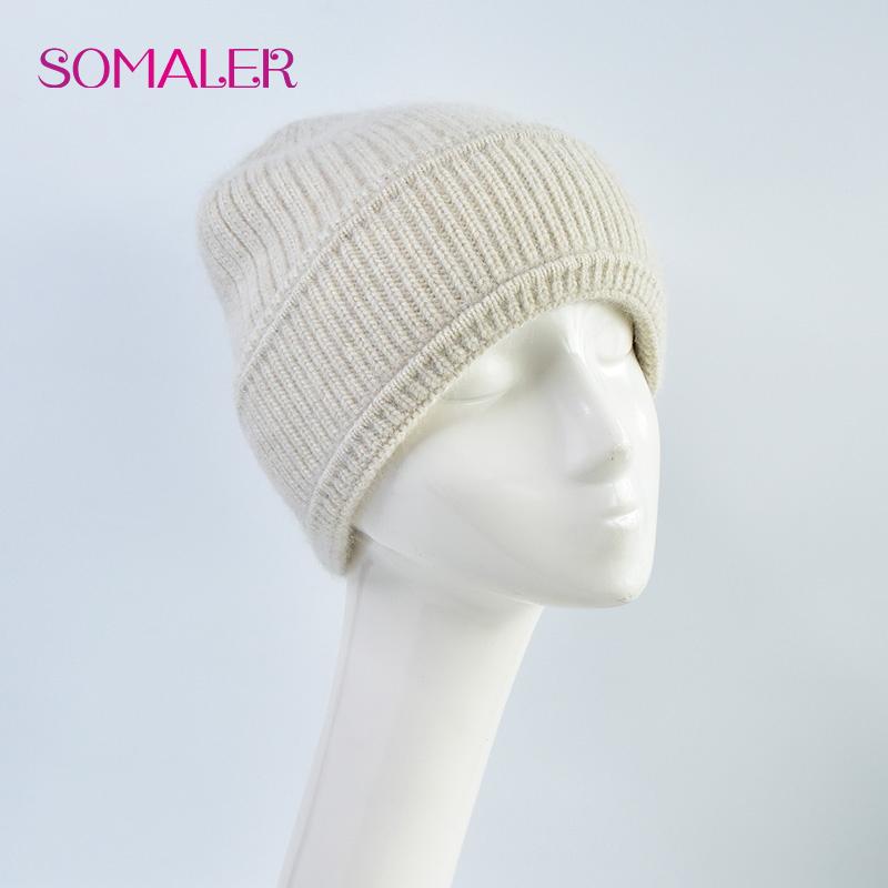 SOMALER Women's Autumn Winter Angora Knit Beanie Hat with Folded Cuff & Metal Badge Fashion Warm Cap 54-58cm