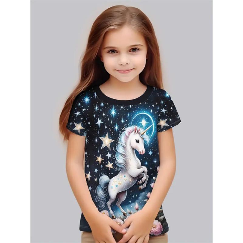 2025 Casual T-Shirts Girls' Clothing New Funny Animal Horse 3d Print Girls' T-Shirts Party Fashion Short Sleeved Tops Tee