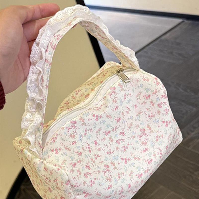 Cute Small Floral Printed Portable Hand-Held Makeup Bag Traveling Large Capacity Storage Toiletry Handbag