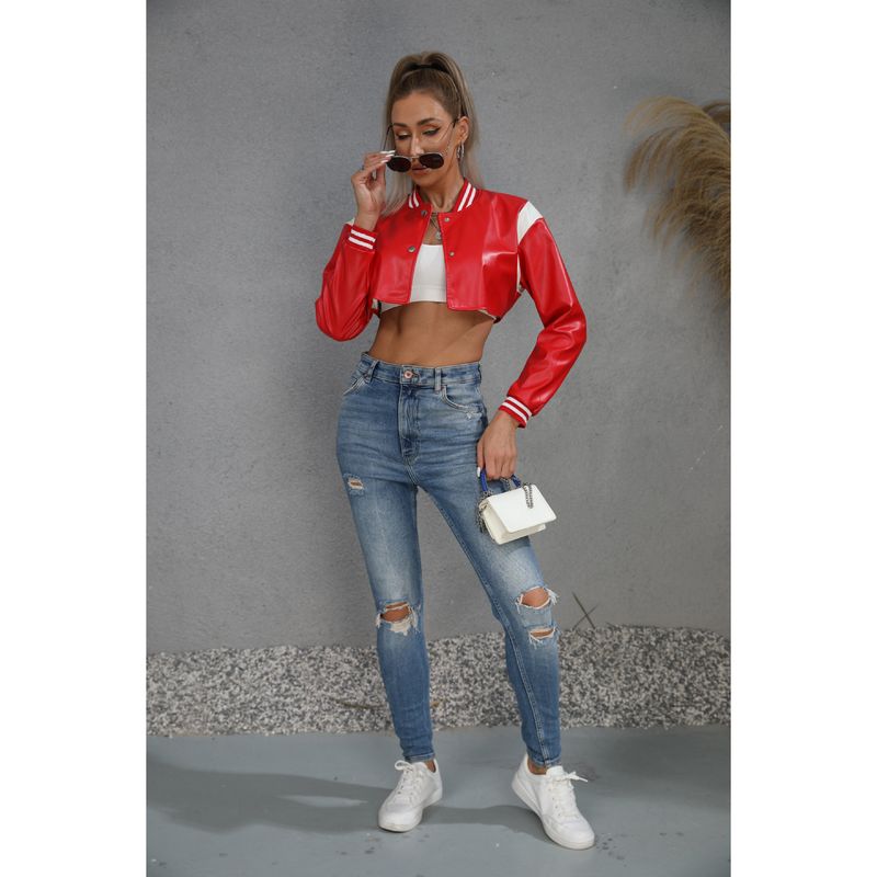 Women Leather Jacket Cropped Jacket Ultra Short Baseball Uniform for Women Leather Jacket Coat