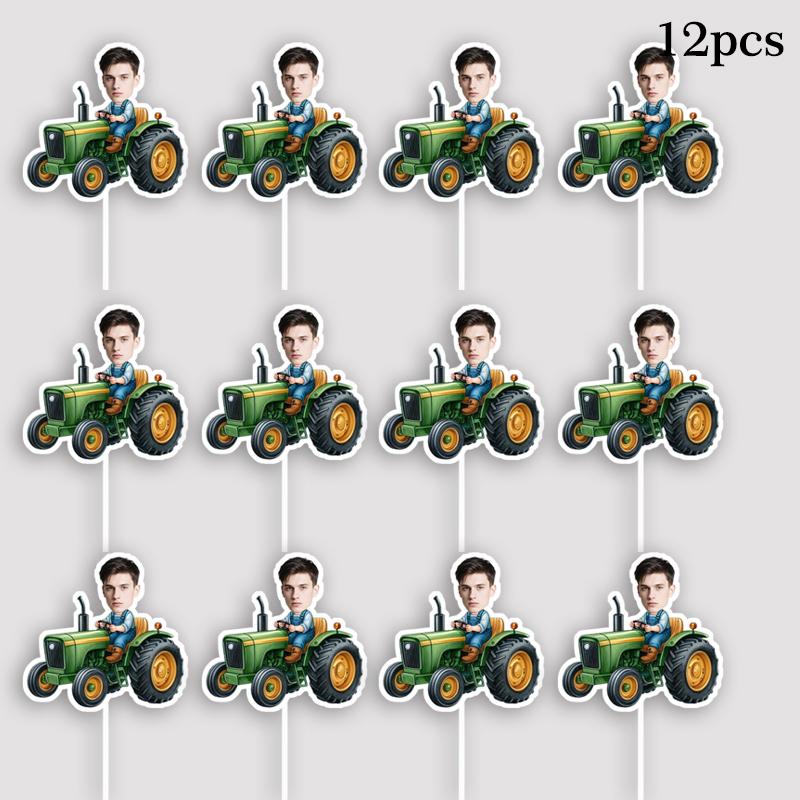 Customizable Tractor Stickers Personalized Baby Face With Ride Car Cake Toppers Custom Kids Birthday Banner Party Favors Supply