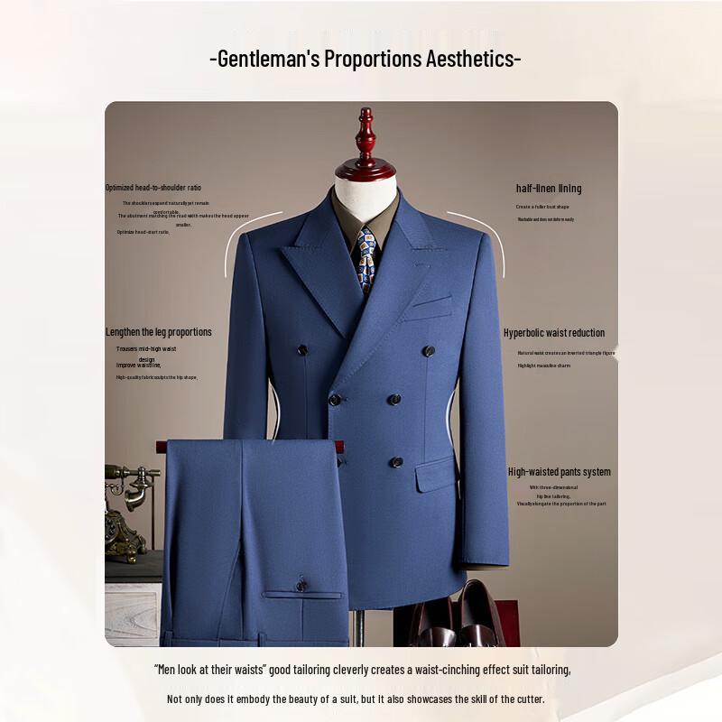 ROMON Men's Italian Craft Double-breasted Stripe 3-Piece Suit