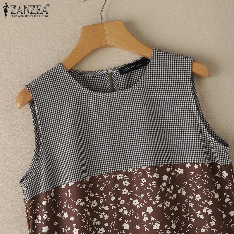ZANZEA Women Floral Print Patchwork Summer Sleeveless Plaid Dress