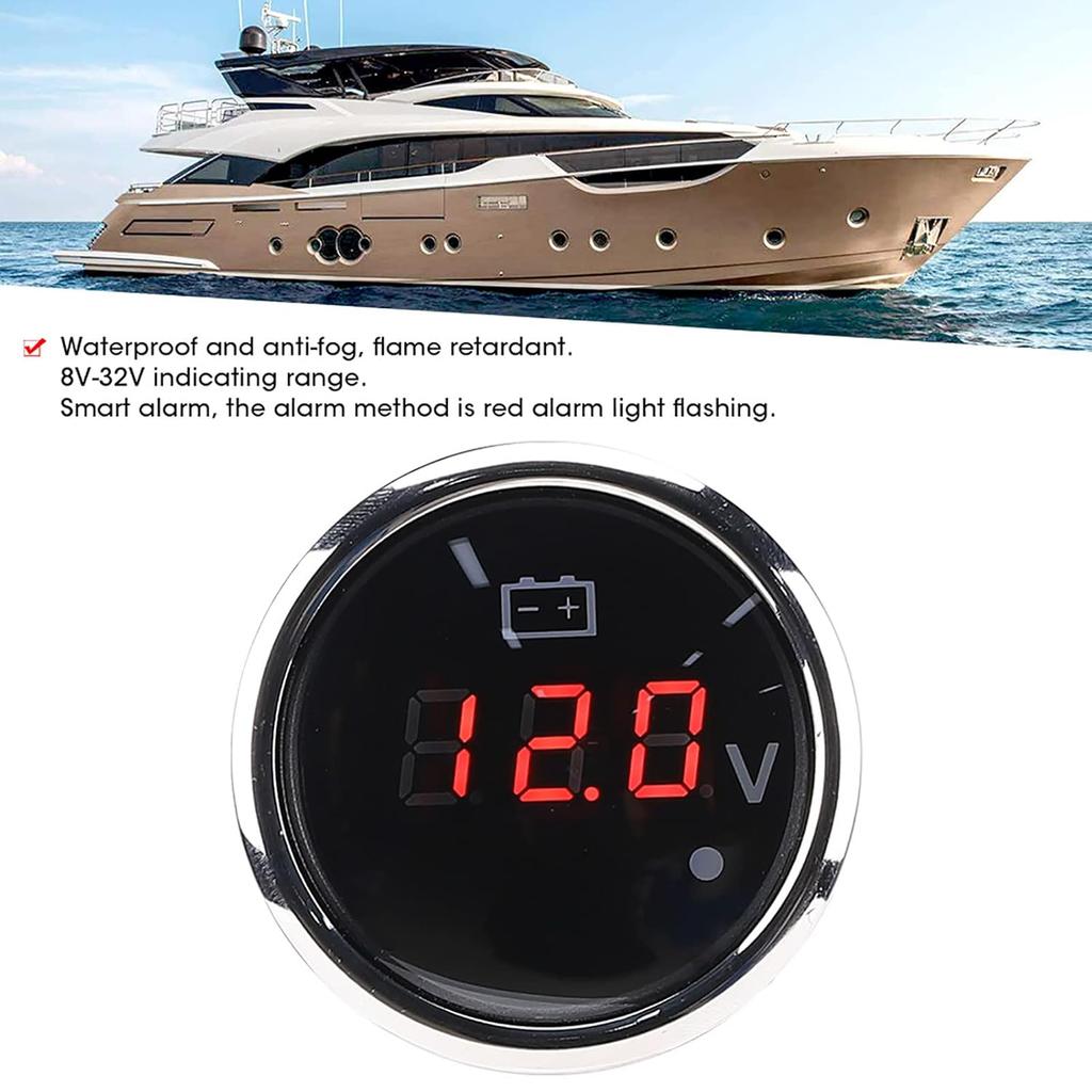 Voltage Gauge Battery Voltmeter 2in LED Digital Display Voltmeter, IP67 Waterproof Voltage Gauge Smart Alarm Voltage Gauge Universal for Boat