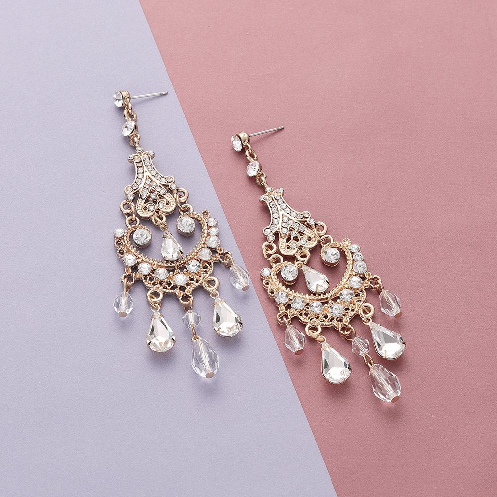 Exaggerated Crystal Golden Long-style Bridal Earrings for Wedding Ceremony and Banquet Dress Accessories