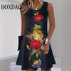 Sonnenkleid Lässig Alltagsmode Blumenmuster Kleid Damen Ärmellos Locker A-Linie Kleider Sommer Mode Rundhals Weste Streetwear Kleid